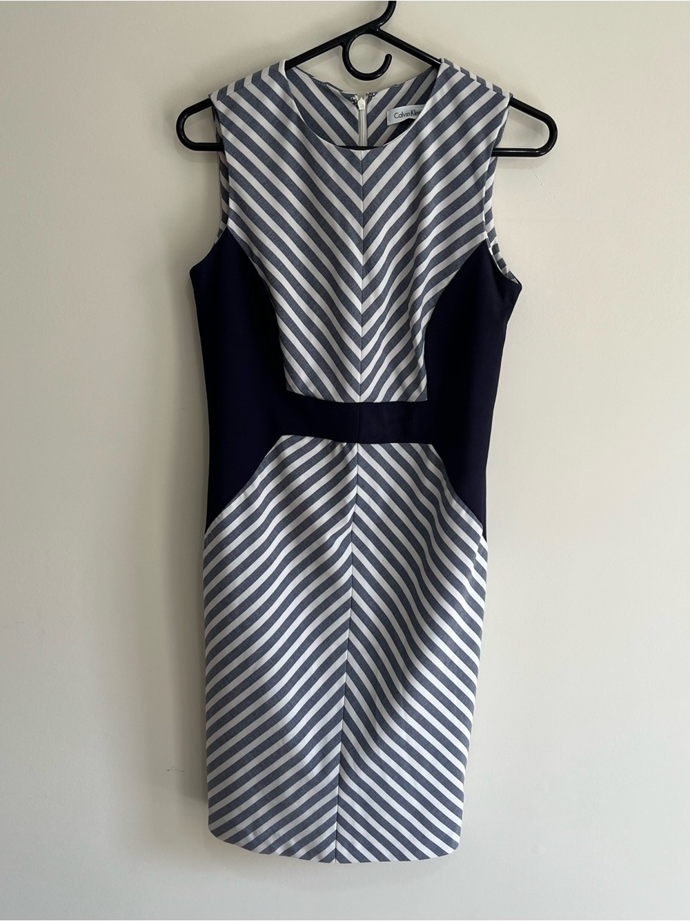 Calvin Klein Navy and White Striped Midi Sheath Dress with Side Panels - Size 4